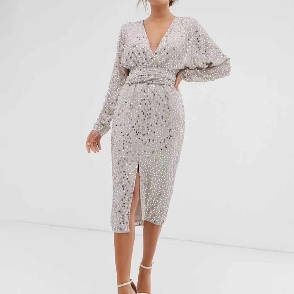 ASOS DESIGN rose gold midi dress w/batwing sleeve & wrap waist in scatter sequin